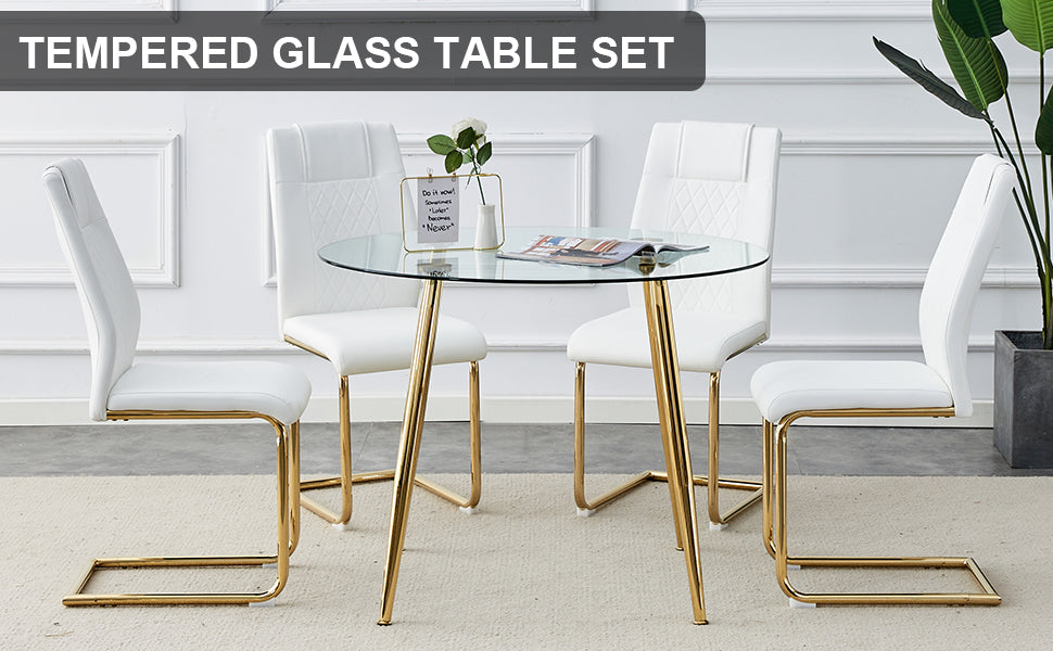 Table And Chair Set, Circular Dining Table, Glass Tabletop With A Diameter Of 40 Inches And Gold Plated Metal Legs, Paired With 4 White Pu Cushions And Gold Plated Metal Foot Dining Chairs. Dt 1164 Golden Metal
