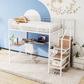 Full Size Metal Loft Bed With Desk And Metal Grid, Stylish Metal Frame Bed With Lateral Storage Ladder And Wardrobe, White White Metal