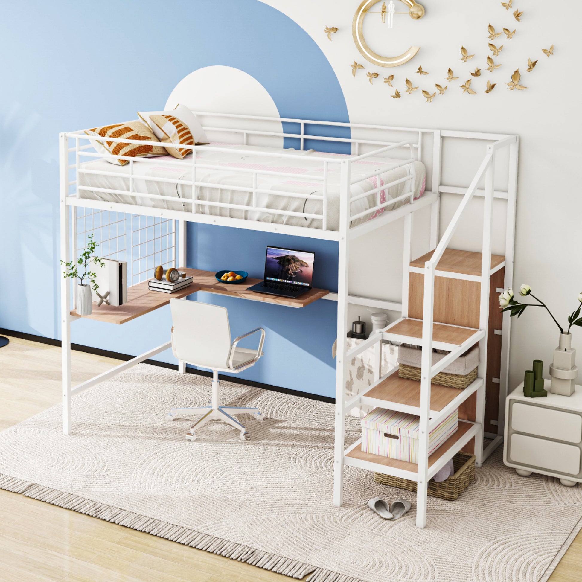 Full Size Metal Loft Bed With Desk And Metal Grid, Stylish Metal Frame Bed With Lateral Storage Ladder And Wardrobe, White White Metal