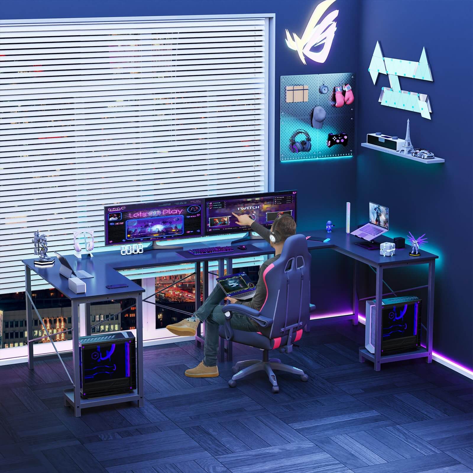 L Shaped Gaming Desk,Black Black Iron