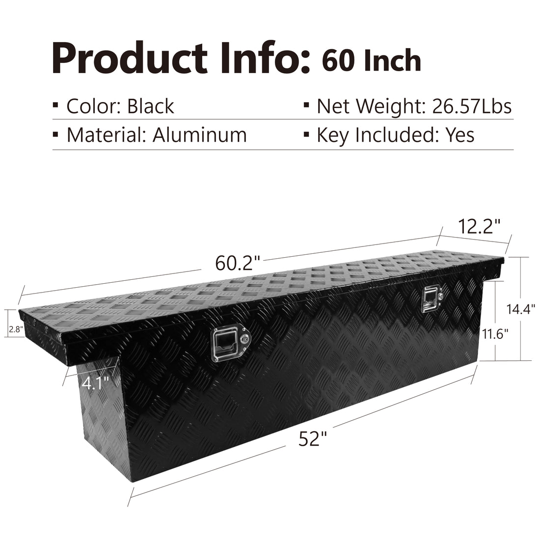 60.2" L X 12.2" W X 14.4" H Pickup Truck Bed Tool Box Trailer Tool Box For Bed Of Truck,Aluminum Stripes Toolbox For Truck Rv Tralier,Chrome Latch,Black Surface Black Aluminum