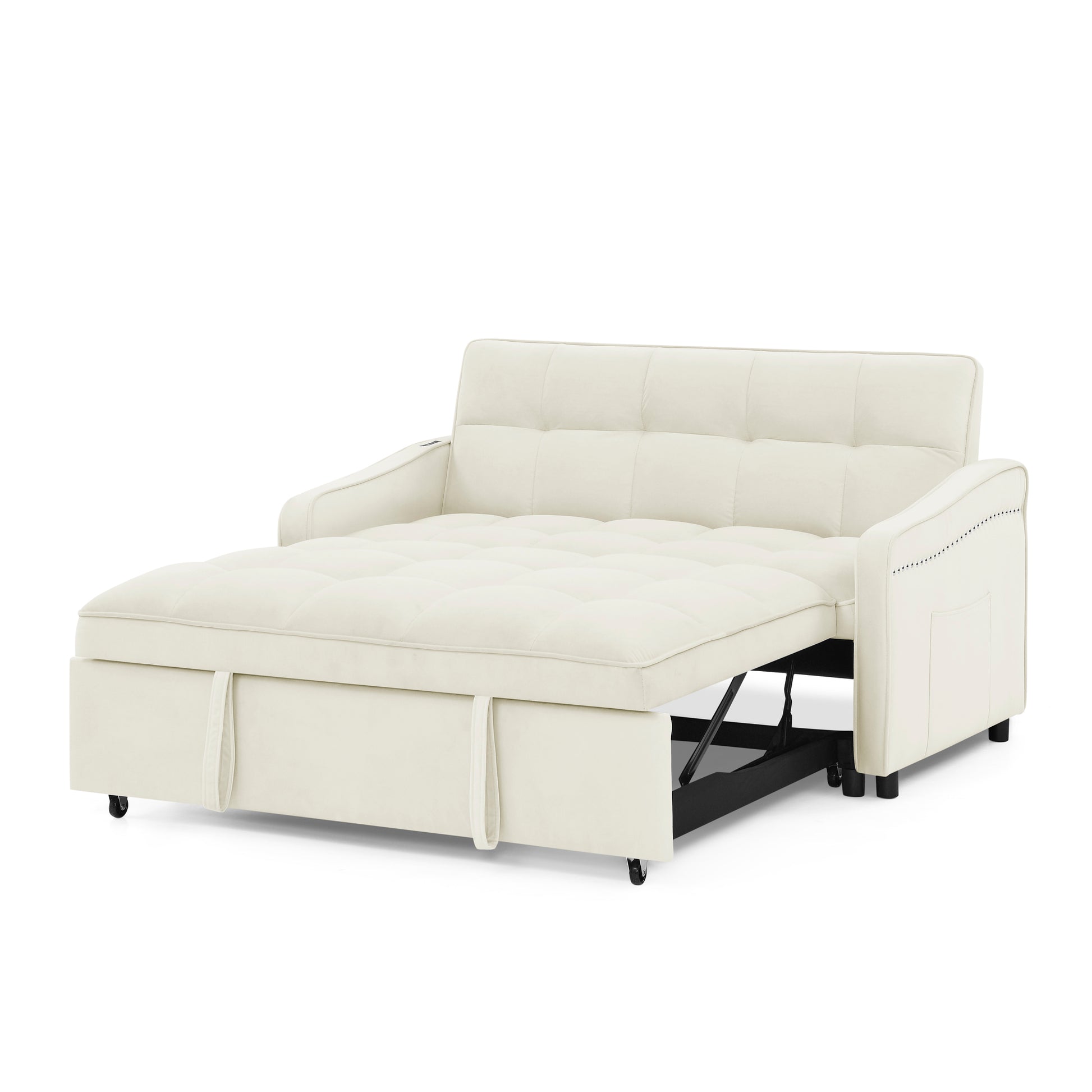 Loveseats Sofa Bed With Pull Out Bed,Adjsutable Back And Two Arm Pocket,Typec And Usb Charging With Copper Nail,Beige 47"X53"X31" Beige Foam