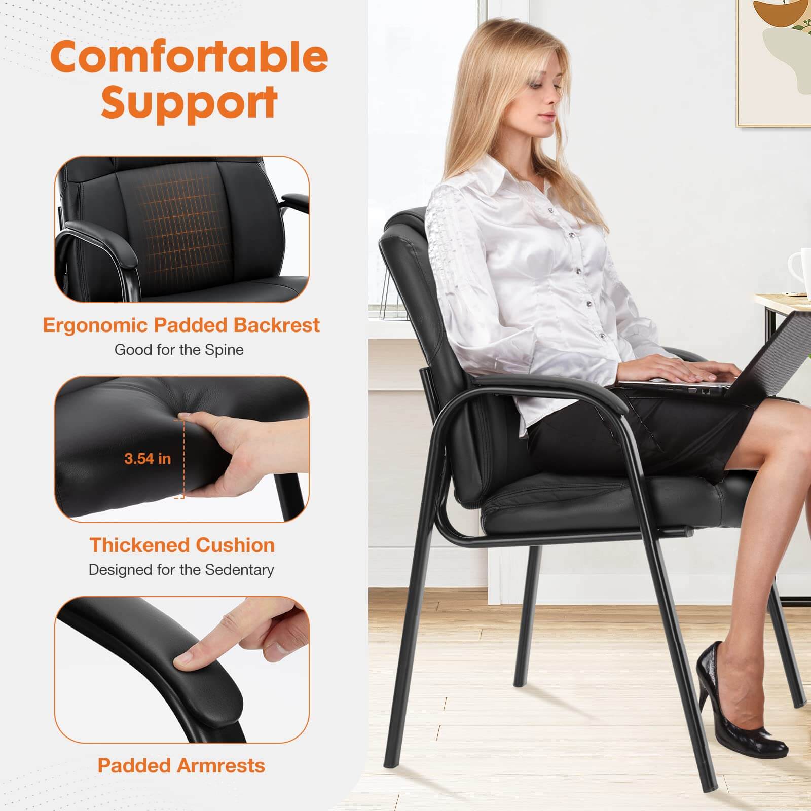 Leather Conference Room Chairs With Padded Arms,Eception Chairs,Office Guest Chairs,1P Black Iron