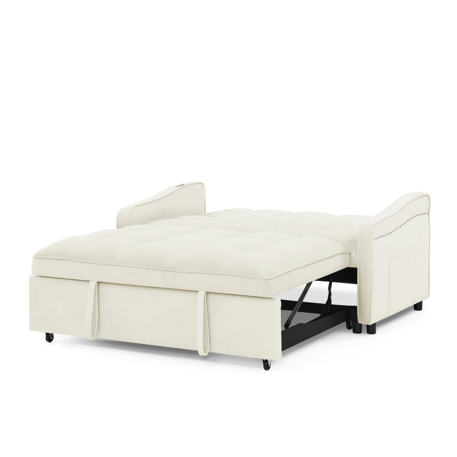 Loveseats Sofa Bed With Pull Out Bed,Adjsutable Back And Two Arm Pocket,Typec And Usb Charging With Copper Nail,Beige 47"X53"X31" Beige Foam