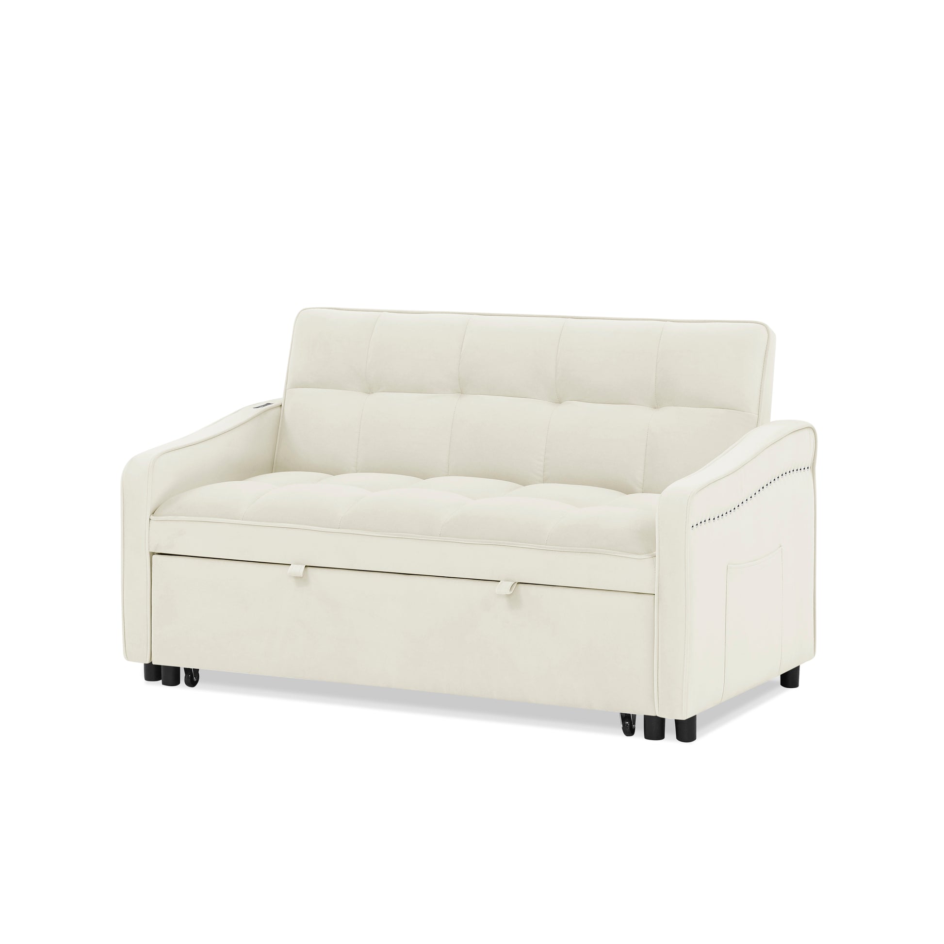 Loveseats Sofa Bed With Pull Out Bed,Adjsutable Back And Two Arm Pocket,Typec And Usb Charging With Copper Nail,Beige 47"X53"X31" Beige Foam