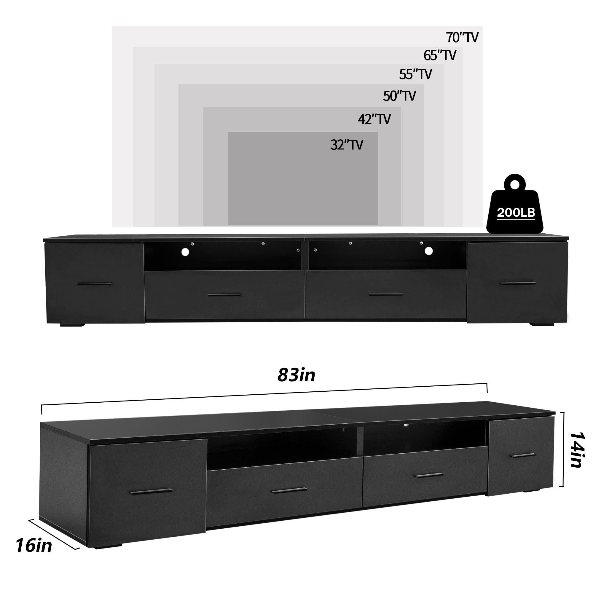 Black TV Stand for Living Room, Modern Entertainment black-particle board