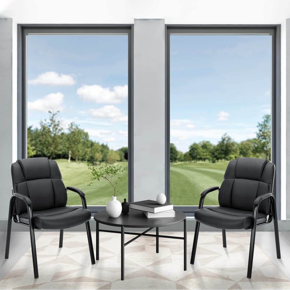 Leather Conference Room Chairs With Padded Arms,Eception Chairs,Office Guest Chairs,2P Black Iron