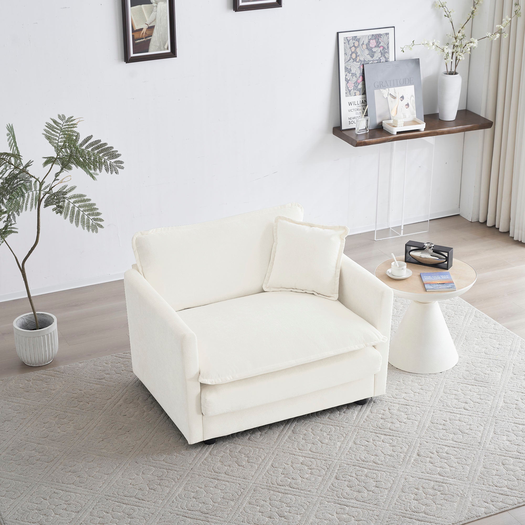 Comfy Deep Single Seat Sofa Upholstered Reading Armchair Living Room Chair White Chenille Fabric1 Toss Pillow White Chenille 1 Seat