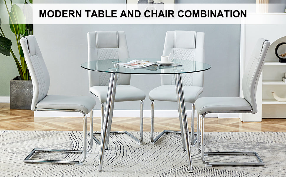 Table And Chair Set. 1 Table 4 Light Gray Chairs Round Dining Table With A 40 Inch Diameter Glass Tabletop And Silver Plated Metal Legs. 4 Light Gray Pu Chairs Dt 1164 001 Transparent Seats 4 Glass