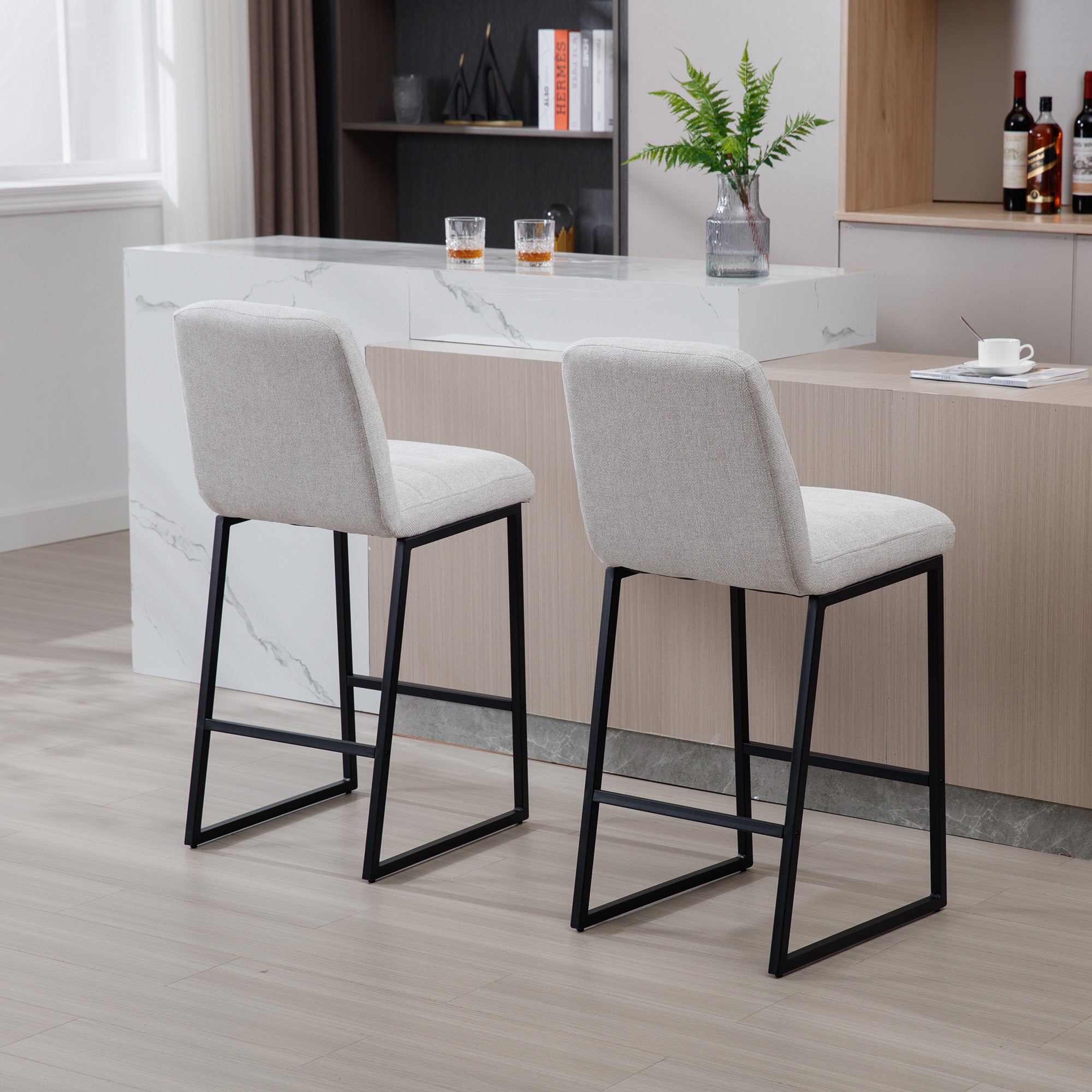 Low Bar Stools Set of 2 Bar Chairs for Living Room beige-kitchen-foam-dry clean-modern-bar