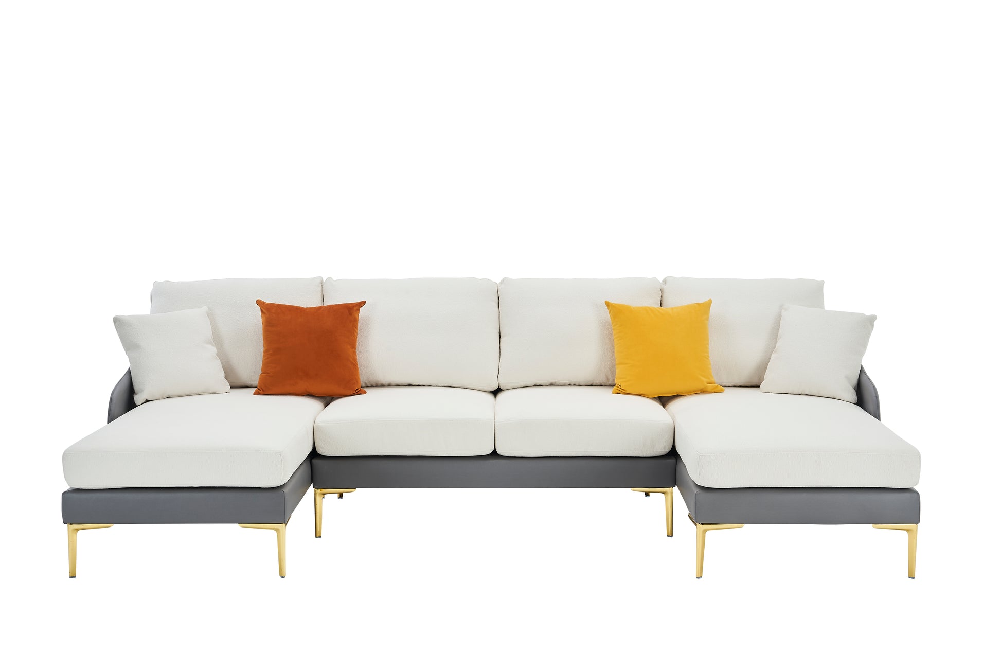 Modern Large Area Linen Leathaire Fabric Color Matching Segmented Sofa, Ultra Wide Lounge Chair, Golden Legs, U Shaped, Gray White Grey Primary Living Space Wood