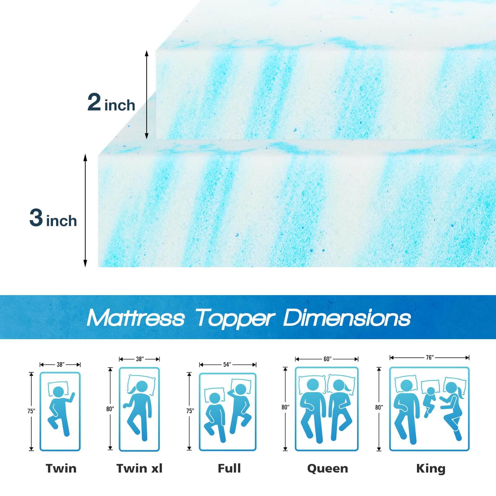 Memory Foam Cooling Gel Swirl Infused Bed Topper For Back Pain,2 Inches,Twin Xl Blue Cotton