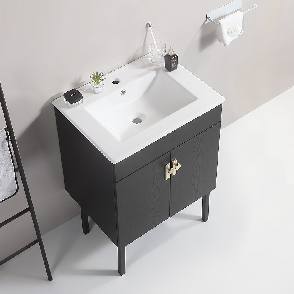 24" Bathroom Vanity with Metal Leg,with White Ceramic black-solid wood