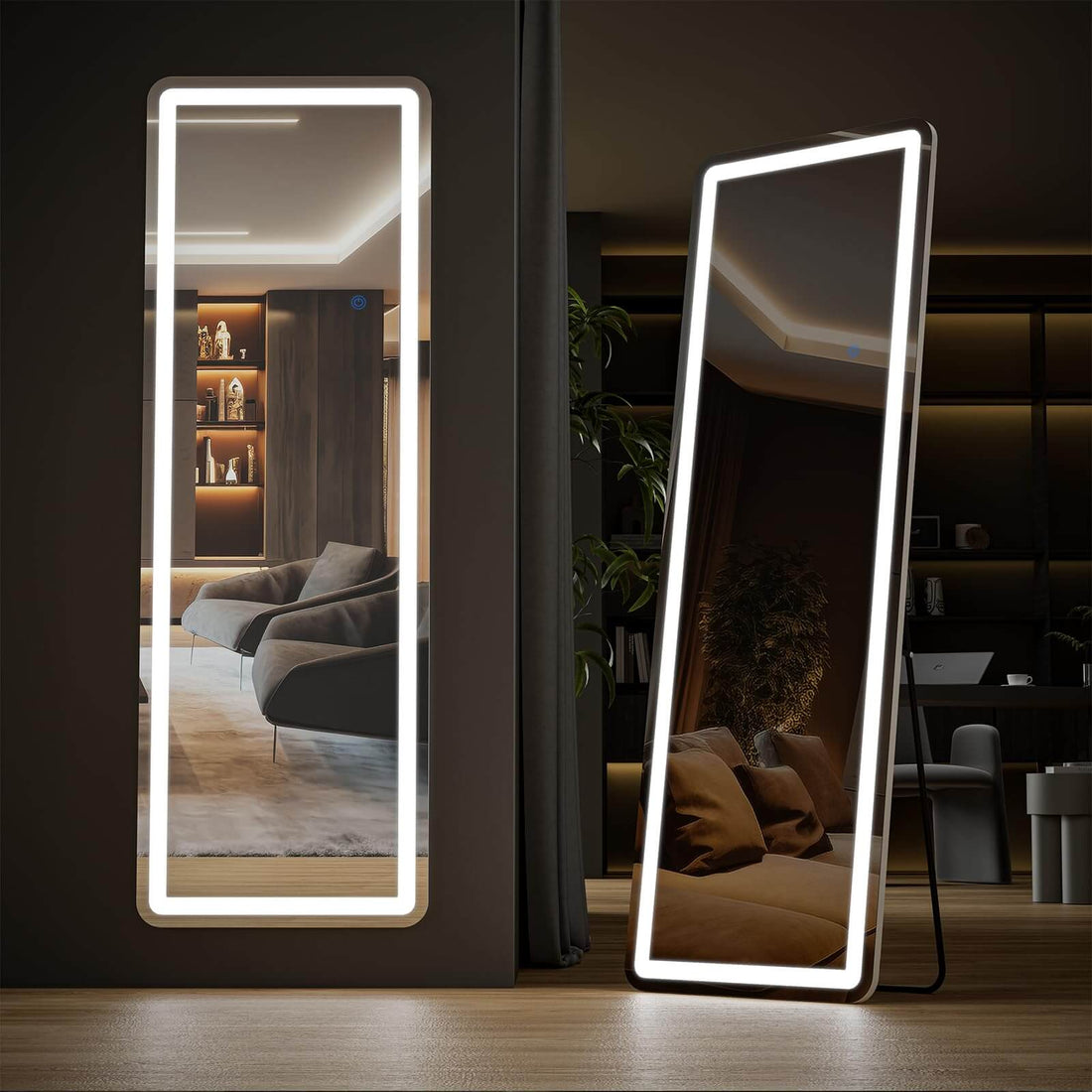 3 Color Lighting Mirror With Led Lights, 64"X21" Lighted Floor Standing Mirror With Stand Black Fiberglass