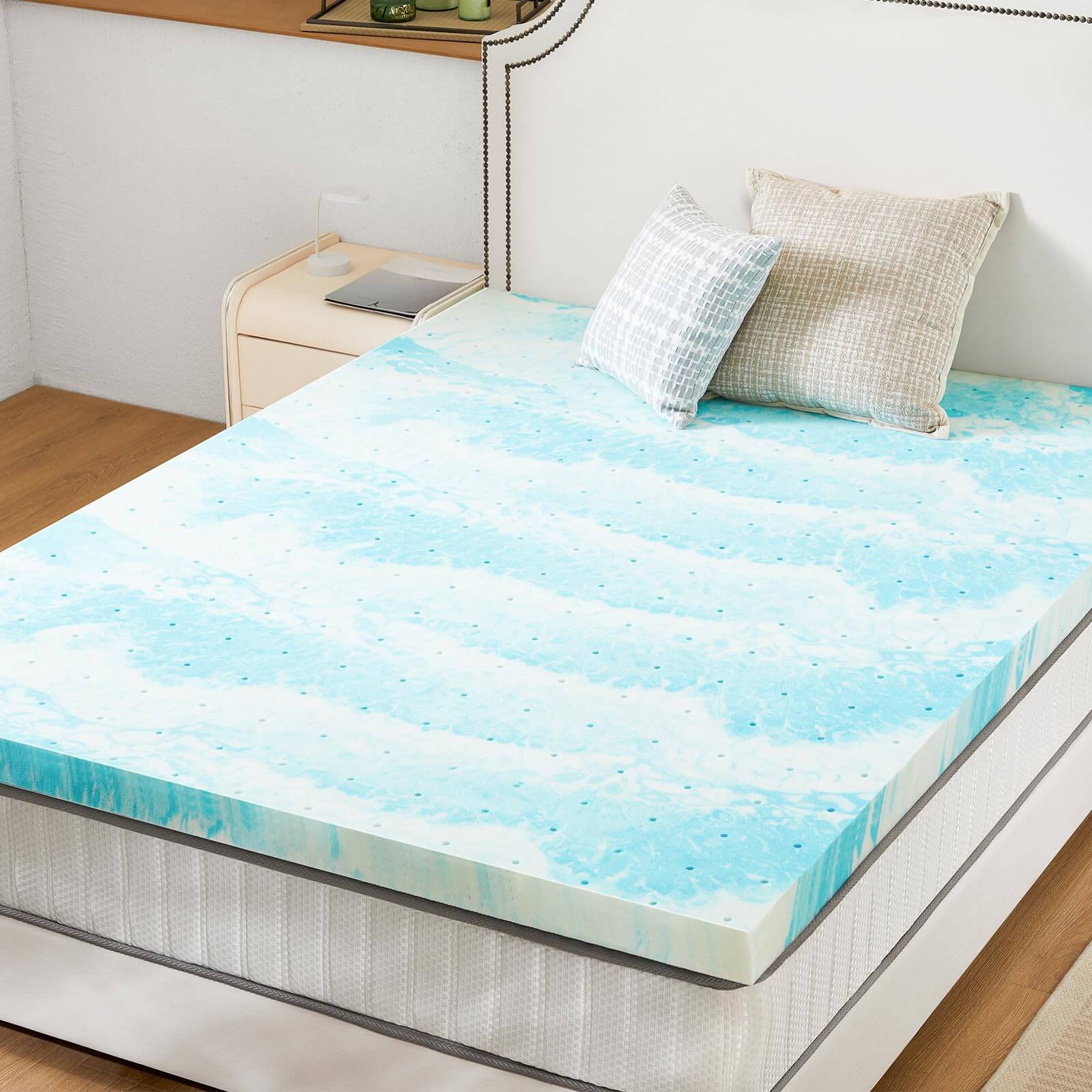 Memory Foam Cooling Gel Swirl Infused Bed Topper For Back Pain,2 Inches,Full Blue Cotton