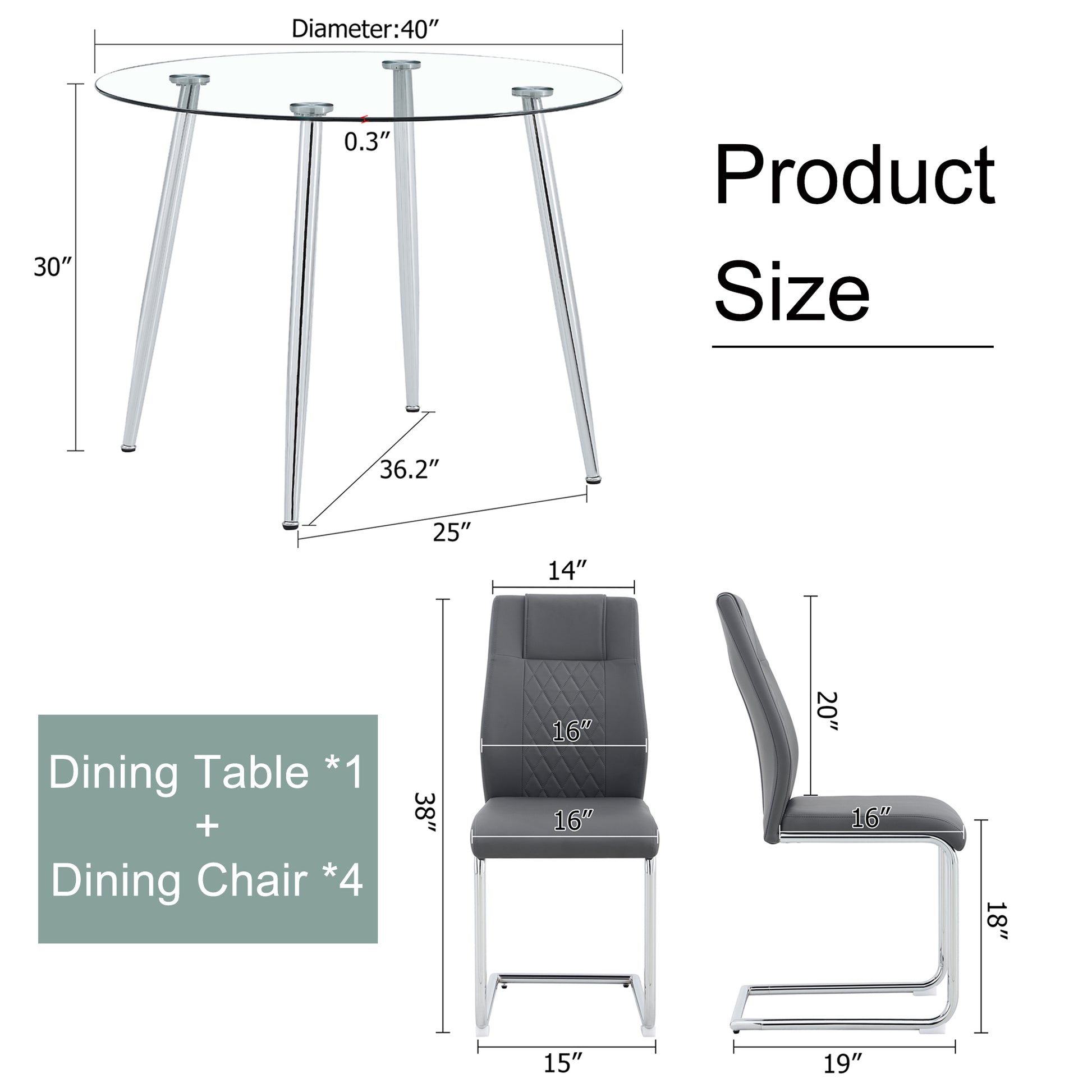 Table And Chair Set. 1 Table 4 Gray Chairs Round Dining Table With A 40 Inch Diameter Glass Tabletop And Silver Plated Metal Legs. 4 Gray Pu Chairs Dt 1164 001 Transparent Seats 4 Glass