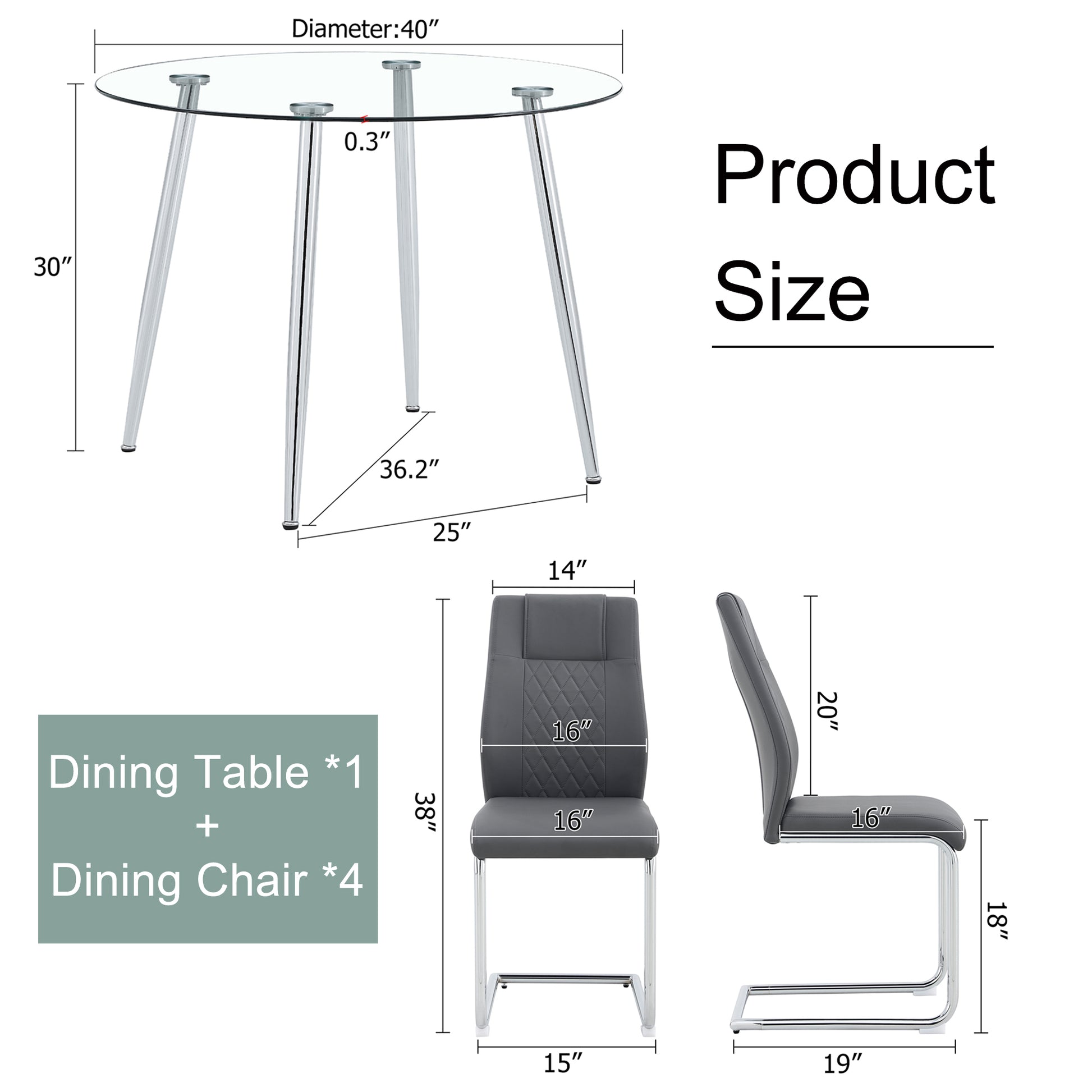 Table And Chair Set. 1 Table 4 Gray Chairs Round Dining Table With A 40 Inch Diameter Glass Tabletop And Silver Plated Metal Legs. 4 Gray Pu Chairs Dt 1164 001 Transparent Glass