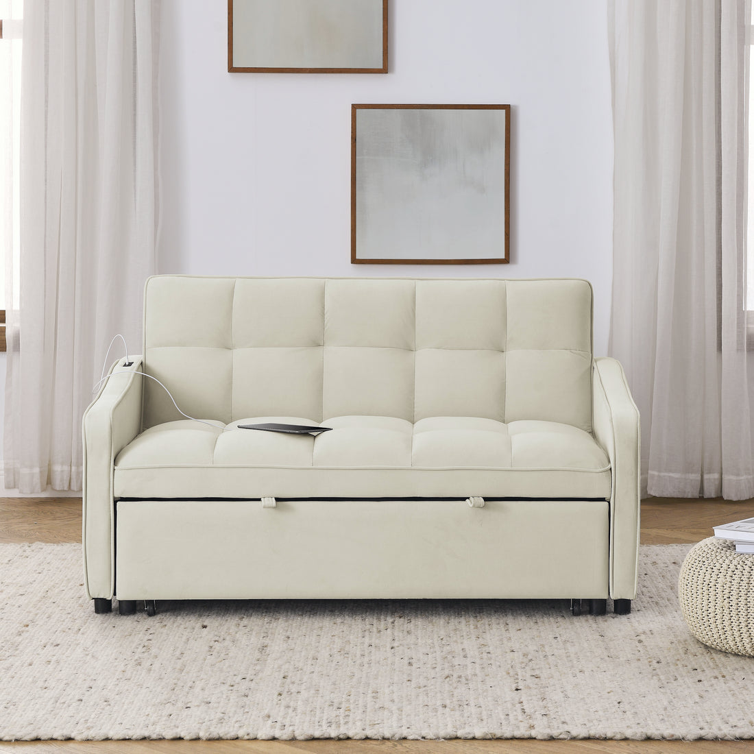 Loveseats Sofa Bed With Pull Out Bed,Adjsutable Back And Two Arm Pocket,Typec And Usb Charging With Copper Nail,Beige 47"X53"X31" Beige Foam