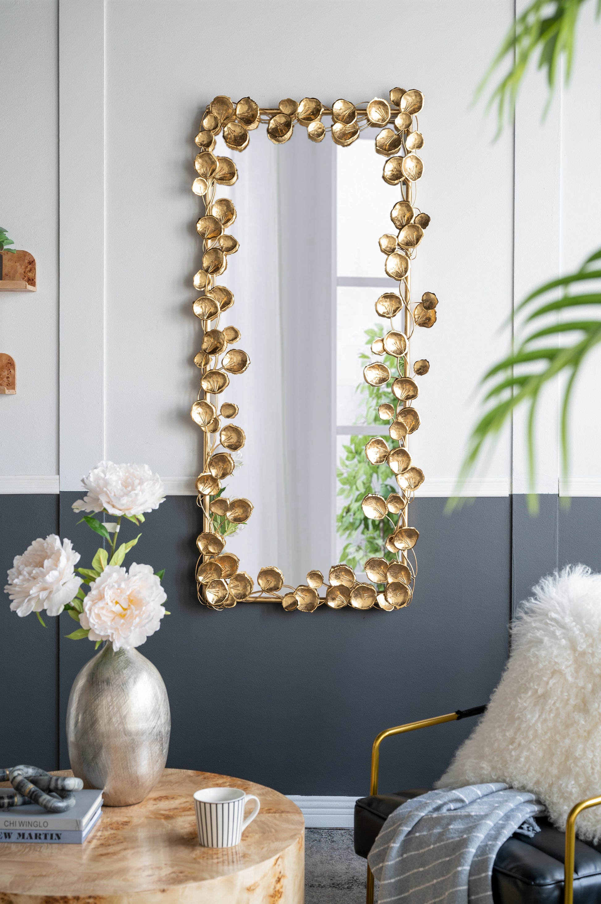 61" X 31" Full Length Mirror With Golden Leaf Accents, Floor Miiror For Living Room Bedroom Gold Iron