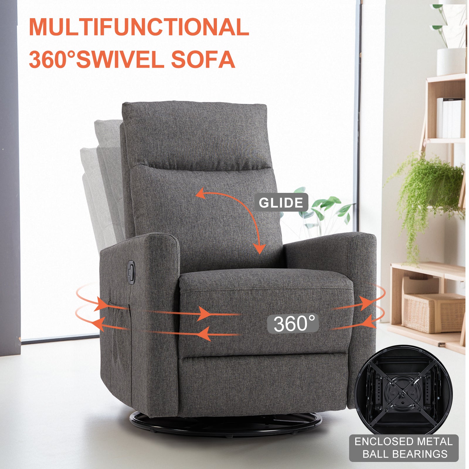 Manual Recliner Chair Winback Single Sofa,Grey Gray Fabric 1 Seat