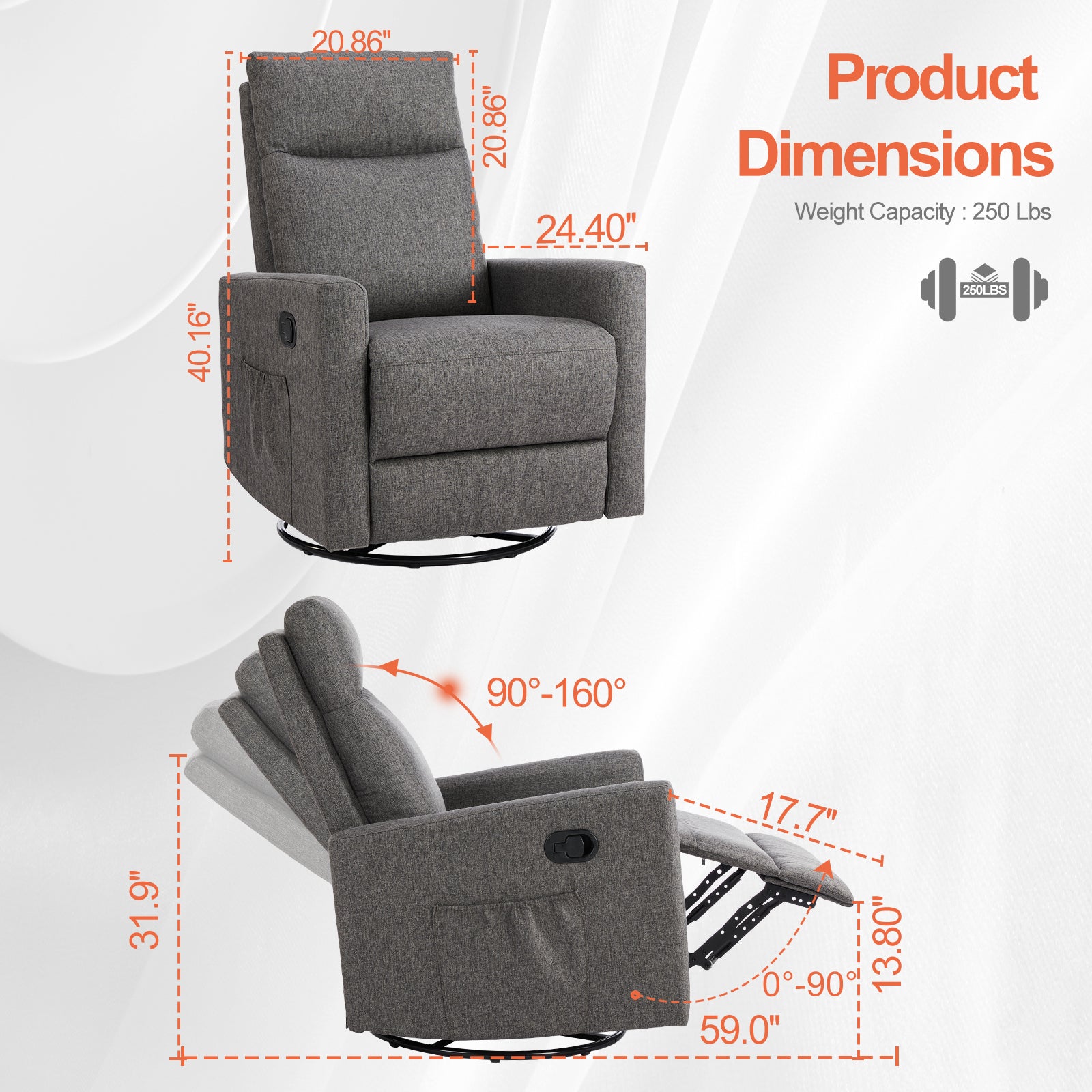 Manual Recliner Chair Winback Single Sofa,Grey Gray Fabric 1 Seat