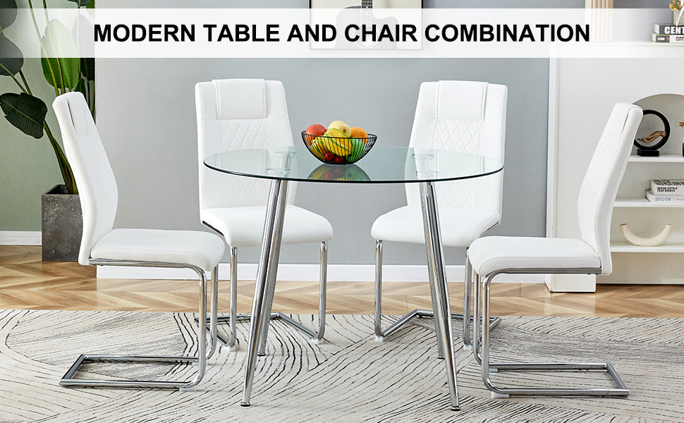 Table And Chair Set. 1 Table 4 Chairs Set A Circular Dining Table With A 40 Inch Diameter Glass Tabletop And Electroplated Metal Legs. 4 White Pu Chairs Dt 1164 001 Transparent Glass