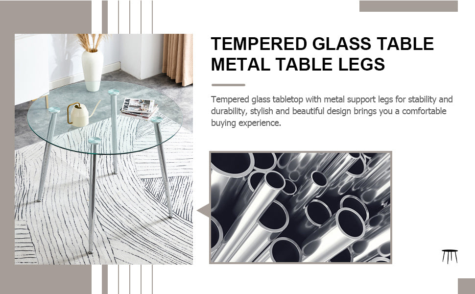 Table And Chair Set. 1 Table 4 Chairs Set A Circular Dining Table With A 40 Inch Diameter Glass Tabletop And Electroplated Metal Legs. 4 White Pu Chairs Dt 1164 001 Transparent Seats 4 Glass