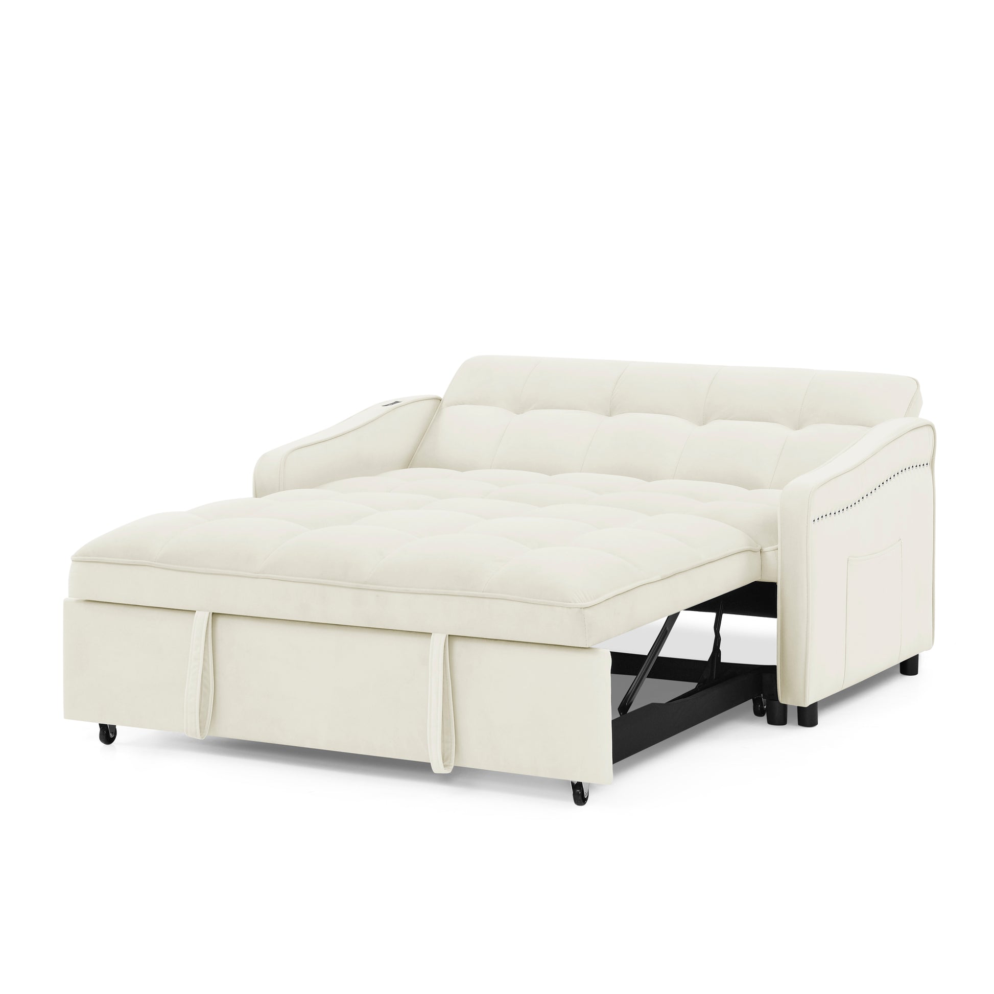 Loveseats Sofa Bed With Pull Out Bed,Adjsutable Back And Two Arm Pocket,Typec And Usb Charging With Copper Nail,Beige 47"X53"X31" Beige Foam