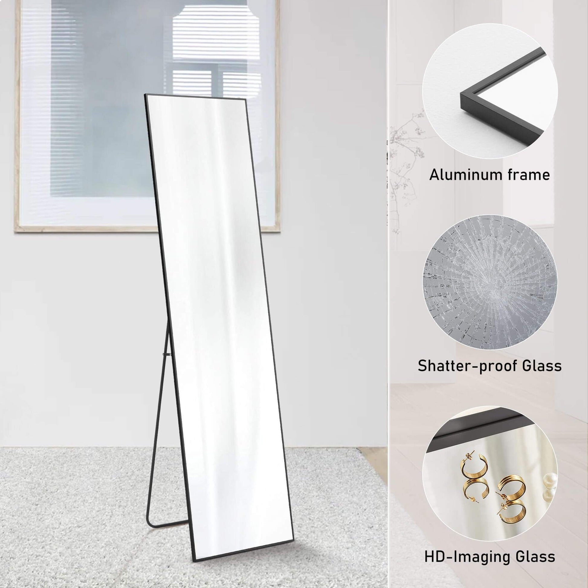 Floor Standing Mirror, Wall Mirror With Stand Aluminum Alloy Thin Frame,16''*59'',Black Rect Black Fiberglass