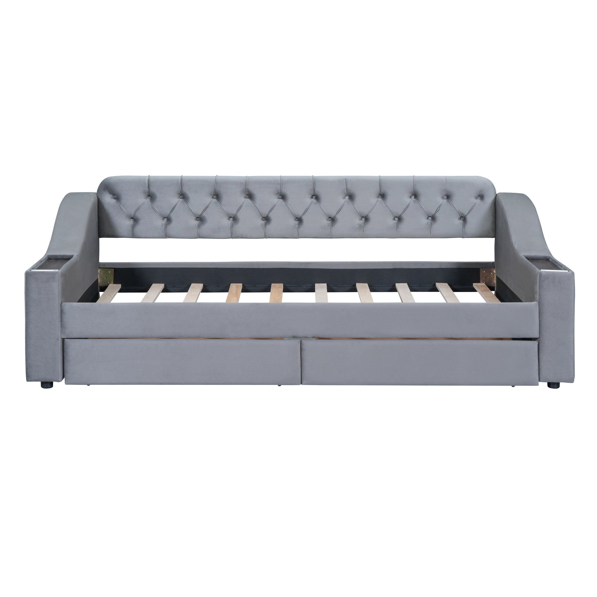 Twin Size Upholstered Daybed With Storage Armrests And Usb Port, Gray Gray Upholstered