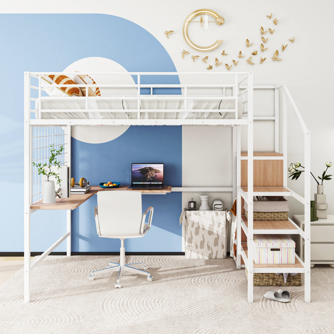 Full Size Metal Loft Bed With Desk And Metal Grid, Stylish Metal Frame Bed With Lateral Storage Ladder And Wardrobe, White White Metal