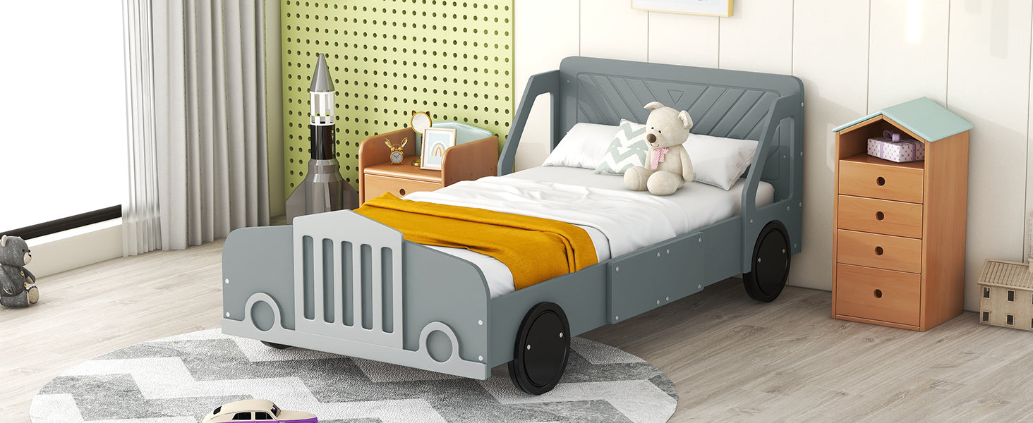 Twin Size Car Shaped Platform Bed With Wheels,Gray Gray Plywood