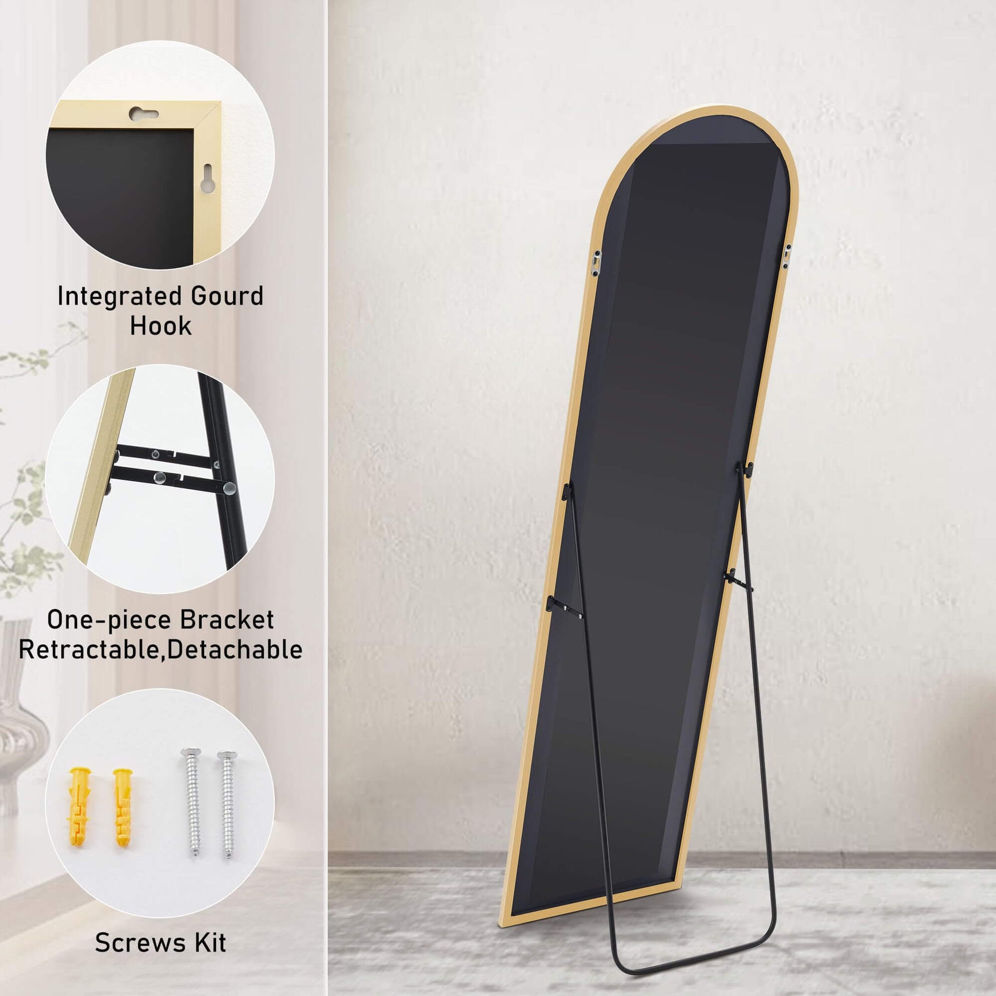 Floor Standing Mirror, Wall Mirror With Stand Aluminum Alloy Thin Frame,16''*59'',Gold Arched Gold Fiberglass