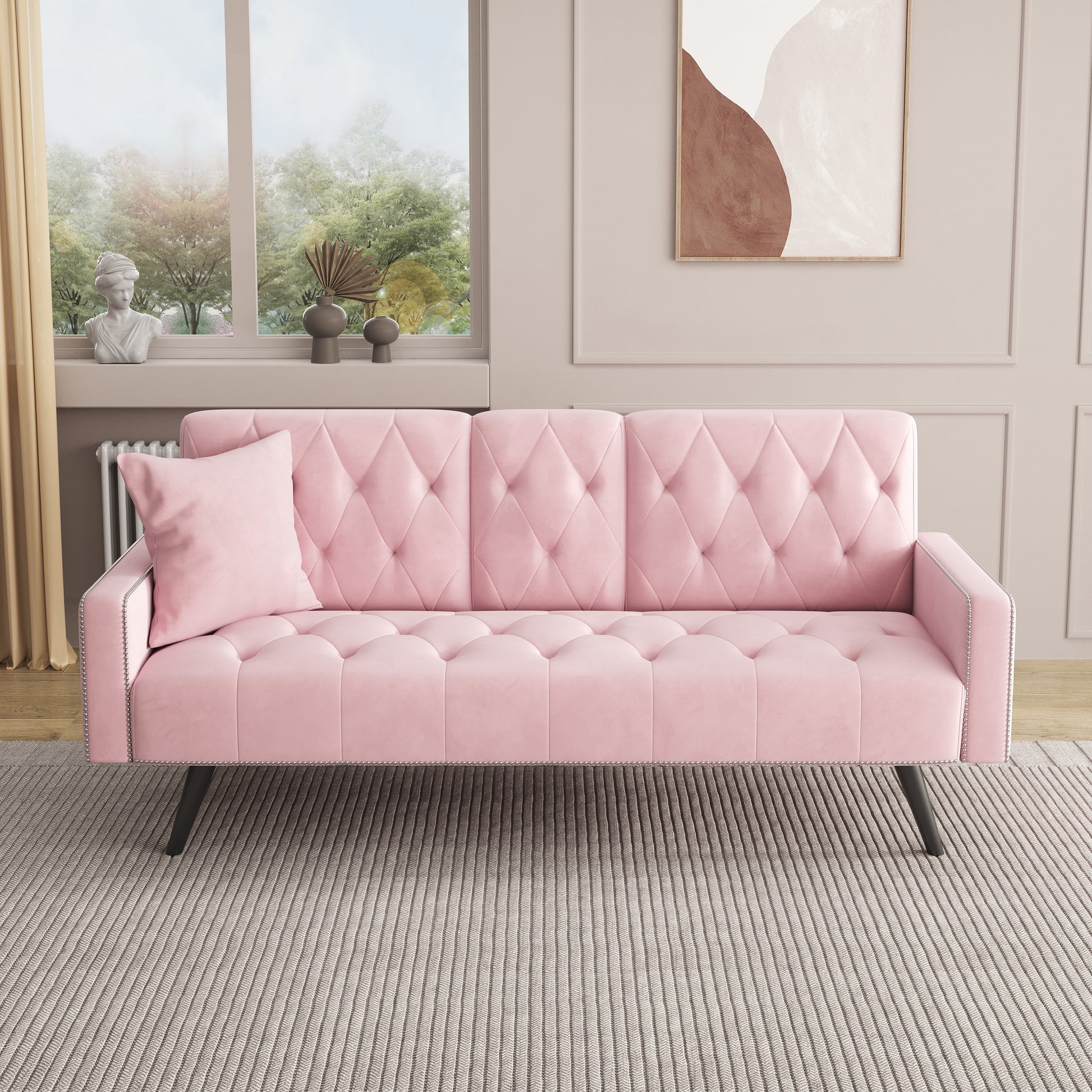 1730 Sofa Bed Armrest With Nail Head Trim With Two Cup Holders 72" Pink Velvet Sofa For Small Spaces Pink Altay Velvet 3 Seat