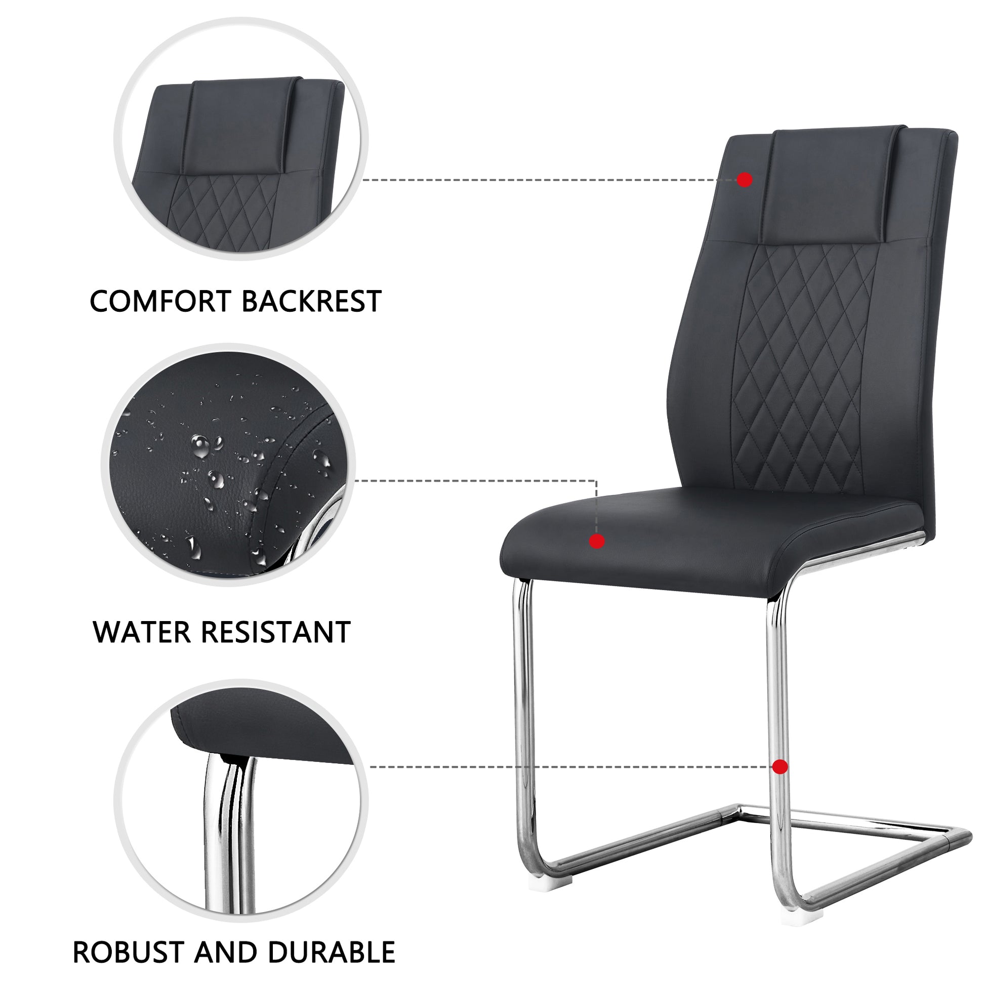 Table And Chair Set. 1 Table 4 Black Chairs Round Dining Table With A 40 Inch Diameter Glass Tabletop And Silver Plated Metal Legs. 4 Black Pu Chairs Dt 1164 001 Transparent Seats 4 Glass