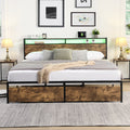Queen Bed Frame, Storage Headboard With Charging Station, Solid And Stable, Noise Free, No Box Spring Needed, Easy Assembly Queen Antique Brown Metal Bedroom Bed Frame Metal & Wood