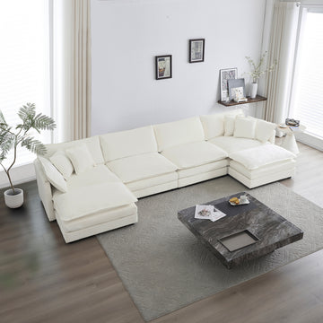 Comfort U Shaped Couch With Reversible Chaise, Modular Large U Shape Sectional Sofa, Double Extra Ottomans,White Chenille White Chenille 4 Seat