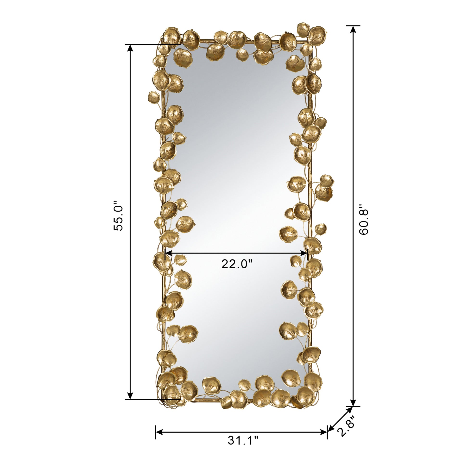 61" X 31" Full Length Mirror With Golden Leaf Accents, Floor Miiror For Living Room Bedroom Gold Iron