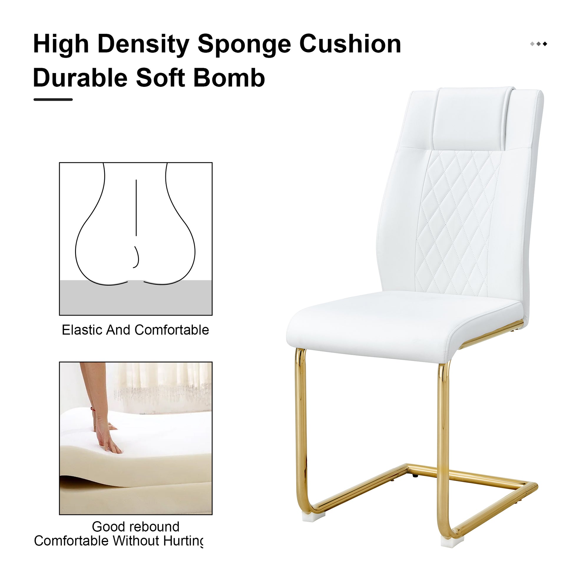 Table And Chair Set, Circular Dining Table, Glass Tabletop With A Diameter Of 40 Inches And Gold Plated Metal Legs, Paired With 4 White Pu Cushions And Gold Plated Metal Foot Dining Chairs. Dt 1164 Golden Metal