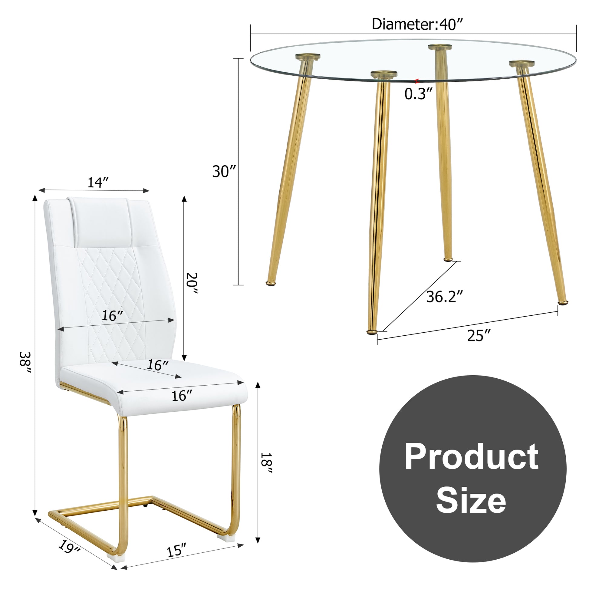 Table And Chair Set, Circular Dining Table, Glass Tabletop With A Diameter Of 40 Inches And Gold Plated Metal Legs, Paired With 4 White Pu Cushions And Gold Plated Metal Foot Dining Chairs. Dt 1164 Golden Metal