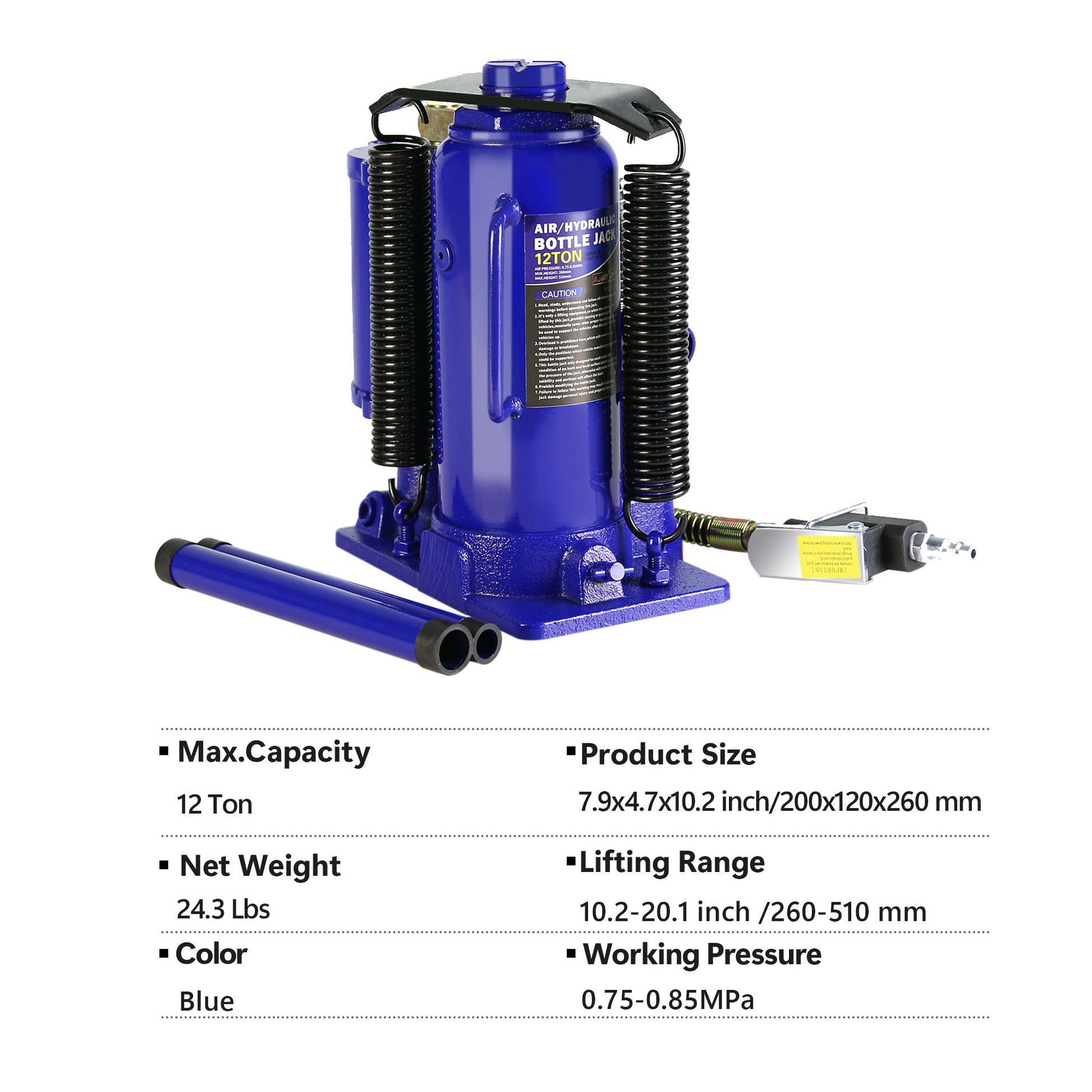 Pneumatic Air Hydraulic Bottle Jack With Manual Hand Pump 12 Ton Heavy Duty Auto Truck Travel Trailer Repair Lift Blue Blue Steel