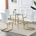 Table And Chair Set, Circular Dining Table, Glass Tabletop With A Diameter Of 40 Inches And Gold Plated Metal Legs, Paired With 4 White Pu Cushions And Gold Plated Metal Foot Dining Chairs. Dt 1164 Golden Metal