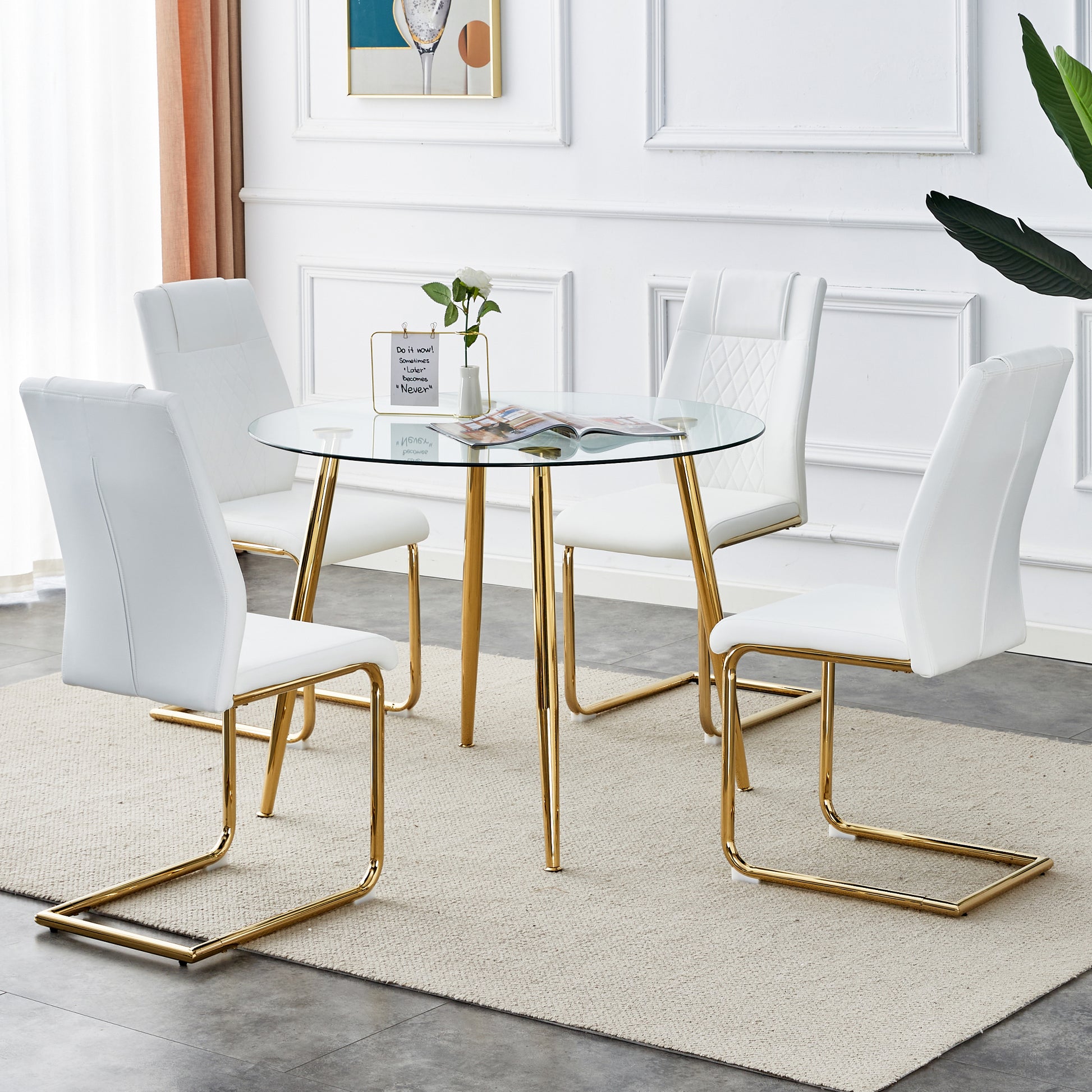 Table And Chair Set, Circular Dining Table, Glass Tabletop With A Diameter Of 40 Inches And Gold Plated Metal Legs, Paired With 4 White Pu Cushions And Gold Plated Metal Foot Dining Chairs. Dt 1164 Golden Metal