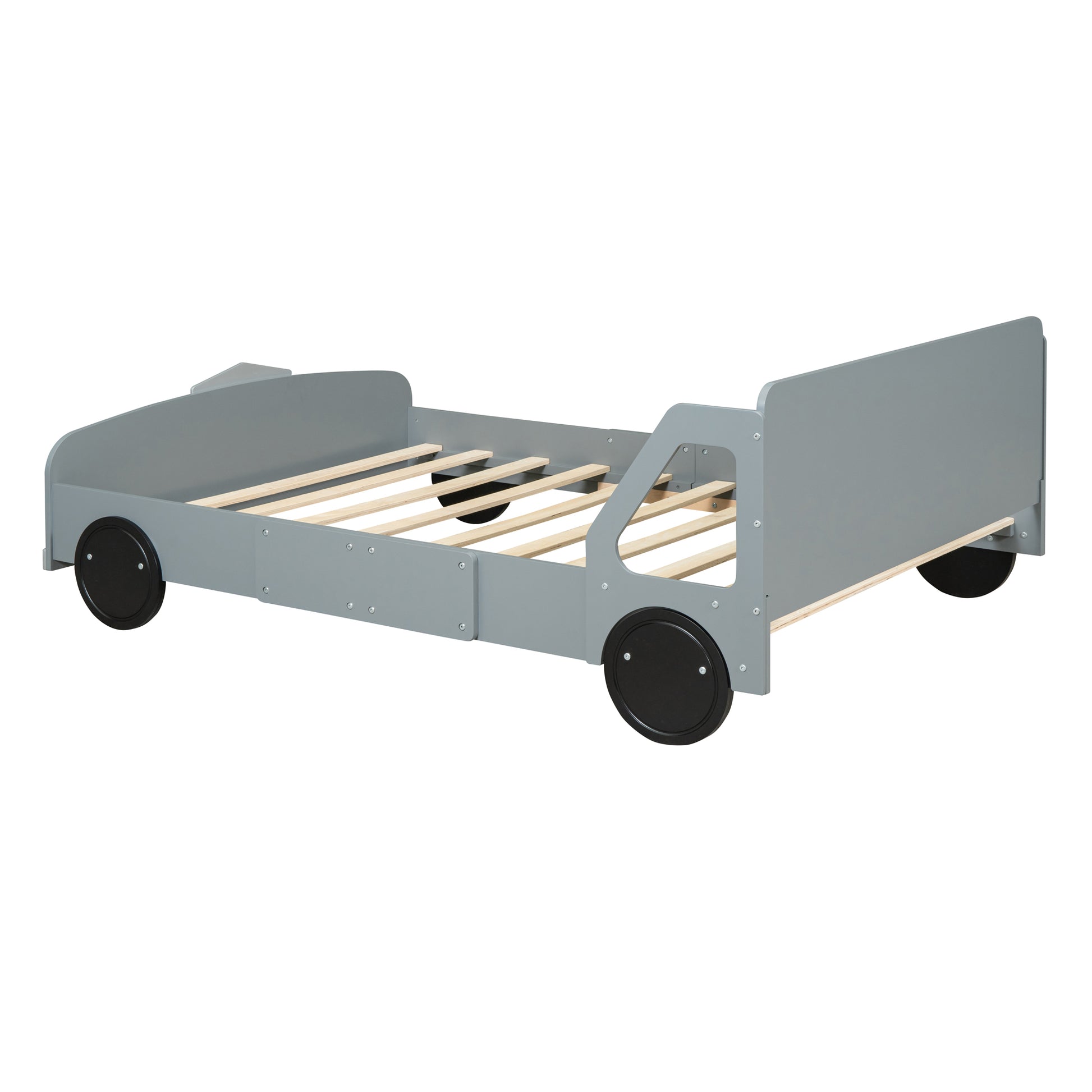 Full Size Car Shaped Platform Bed With Wheels,Gray Gray Plywood