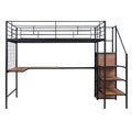 Full Size Metal Loft Bed With Desk And Metal Grid, Stylish Metal Frame Bed With Lateral Storage Ladder And Wardrobe, Black Black Metal