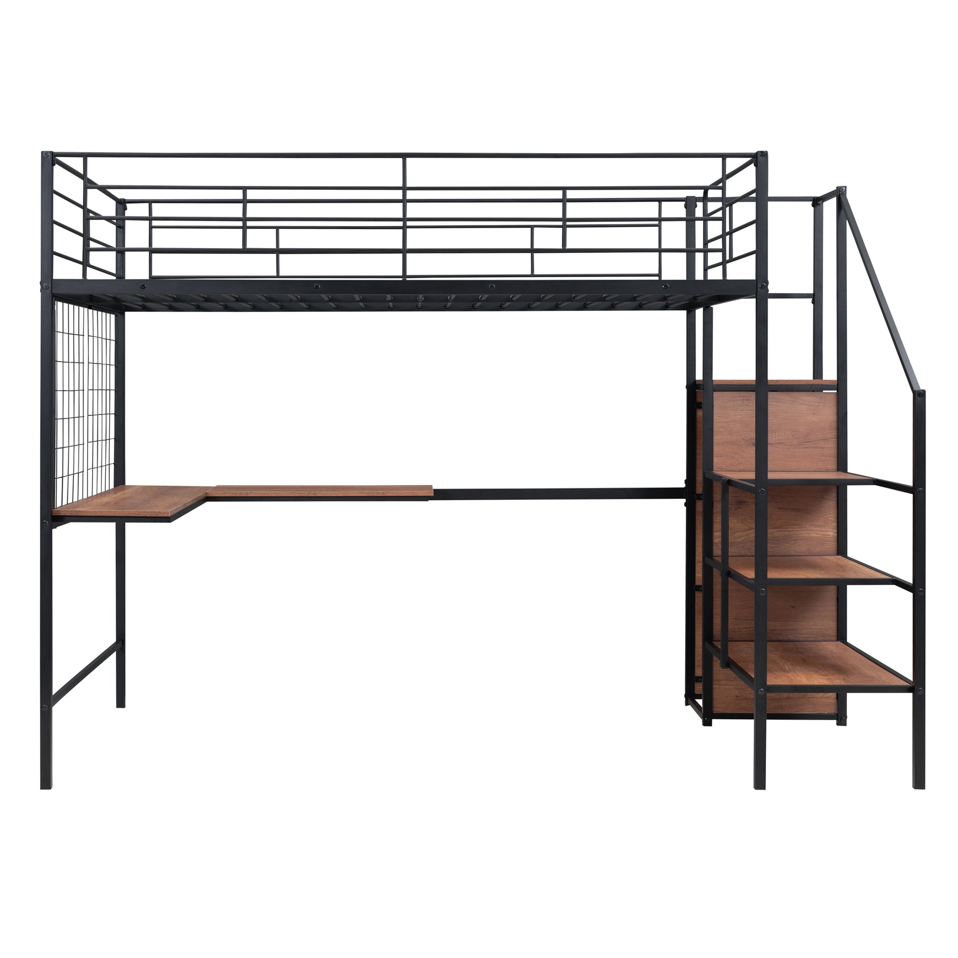 Full Size Metal Loft Bed With Desk And Metal Grid, Stylish Metal Frame Bed With Lateral Storage Ladder And Wardrobe, Black Black Metal