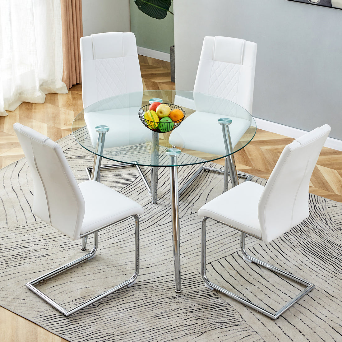 Table And Chair Set. 1 Table 4 Chairs Set A Circular Dining Table With A 40 Inch Diameter Glass Tabletop And Electroplated Metal Legs. 4 White Pu Chairs Dt 1164 001 Transparent Seats 4 Glass