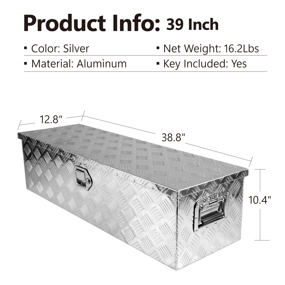 39 Inch Aluminum Truck Tool Long Box, Gas Strut, Truck Bed Tool Box With Side Handle ,Lock And 2 Ke, Tool Storage Box For Truck,Trailer,Pickup 38.8" 12.8" 10.4" Silver Aluminum