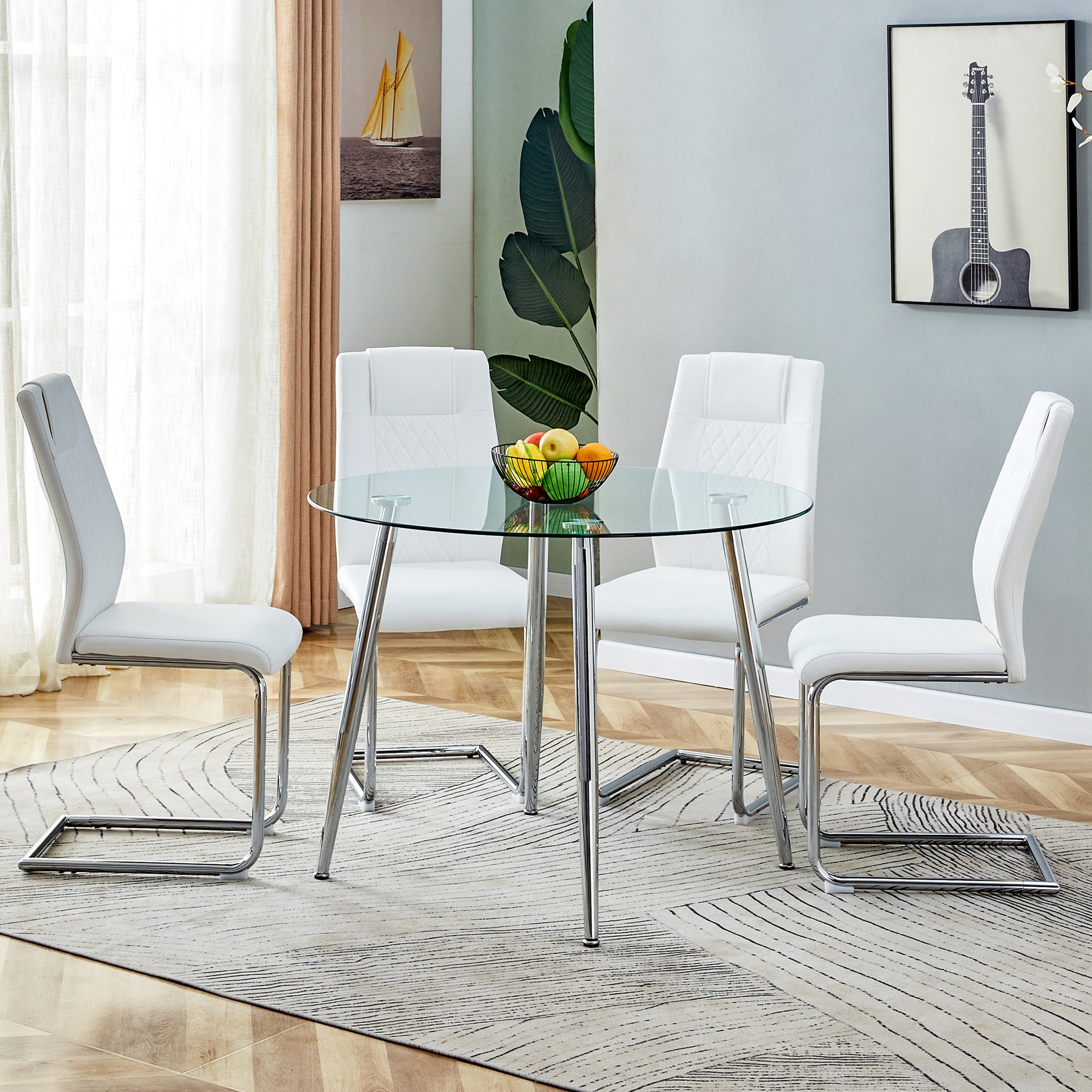 Table And Chair Set. 1 Table 4 Chairs Set A Circular Dining Table With A 40 Inch Diameter Glass Tabletop And Electroplated Metal Legs. 4 White Pu Chairs Dt 1164 001 Transparent Glass