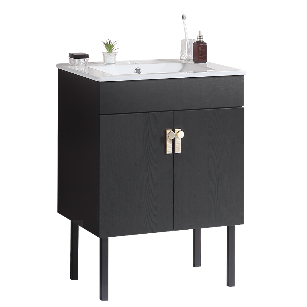 24" Bathroom Vanity with Metal Leg,with White Ceramic black-solid wood